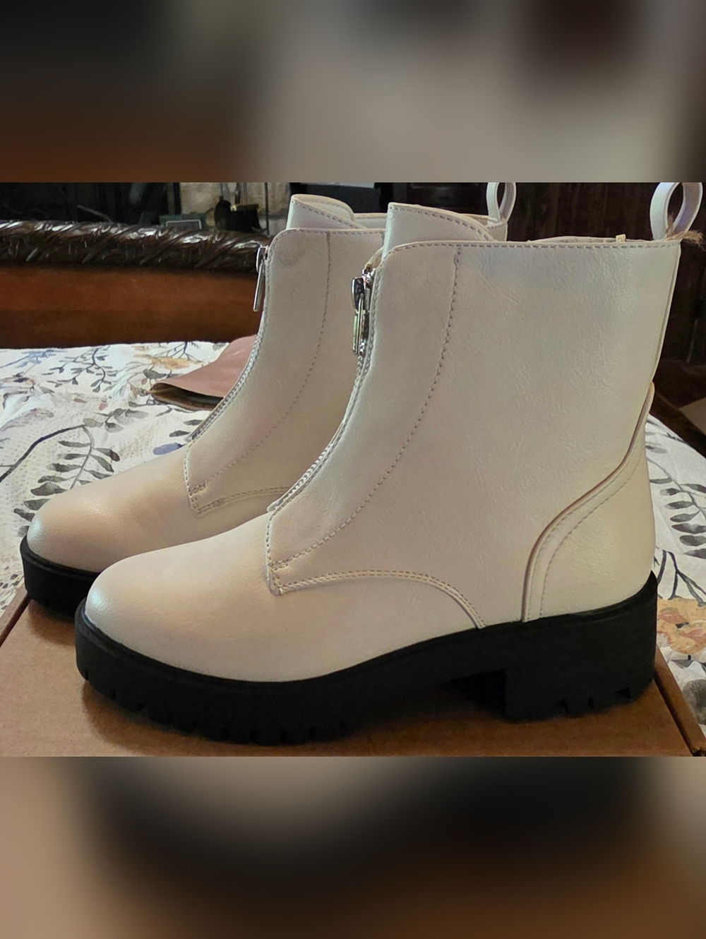 Women's Cream Zip Front Chunky Sole Ankle Boots